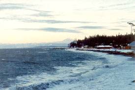 Snow on the beach, Mt. Baker in the Cascade Mountain Range